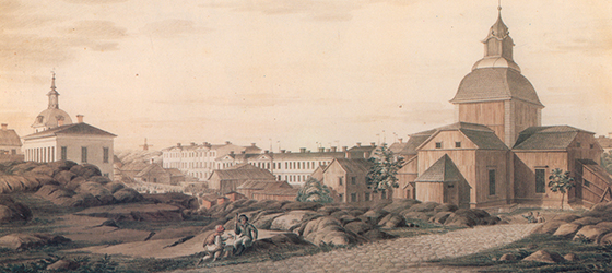 Vanha piirros, jossa Senaatintori on vielä kalliota ja kivistä maata.