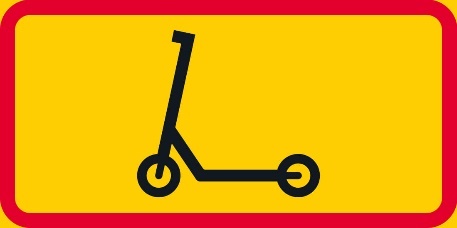 Keltaisella pohjalla, jossa punaiset reunat, potkulauta.