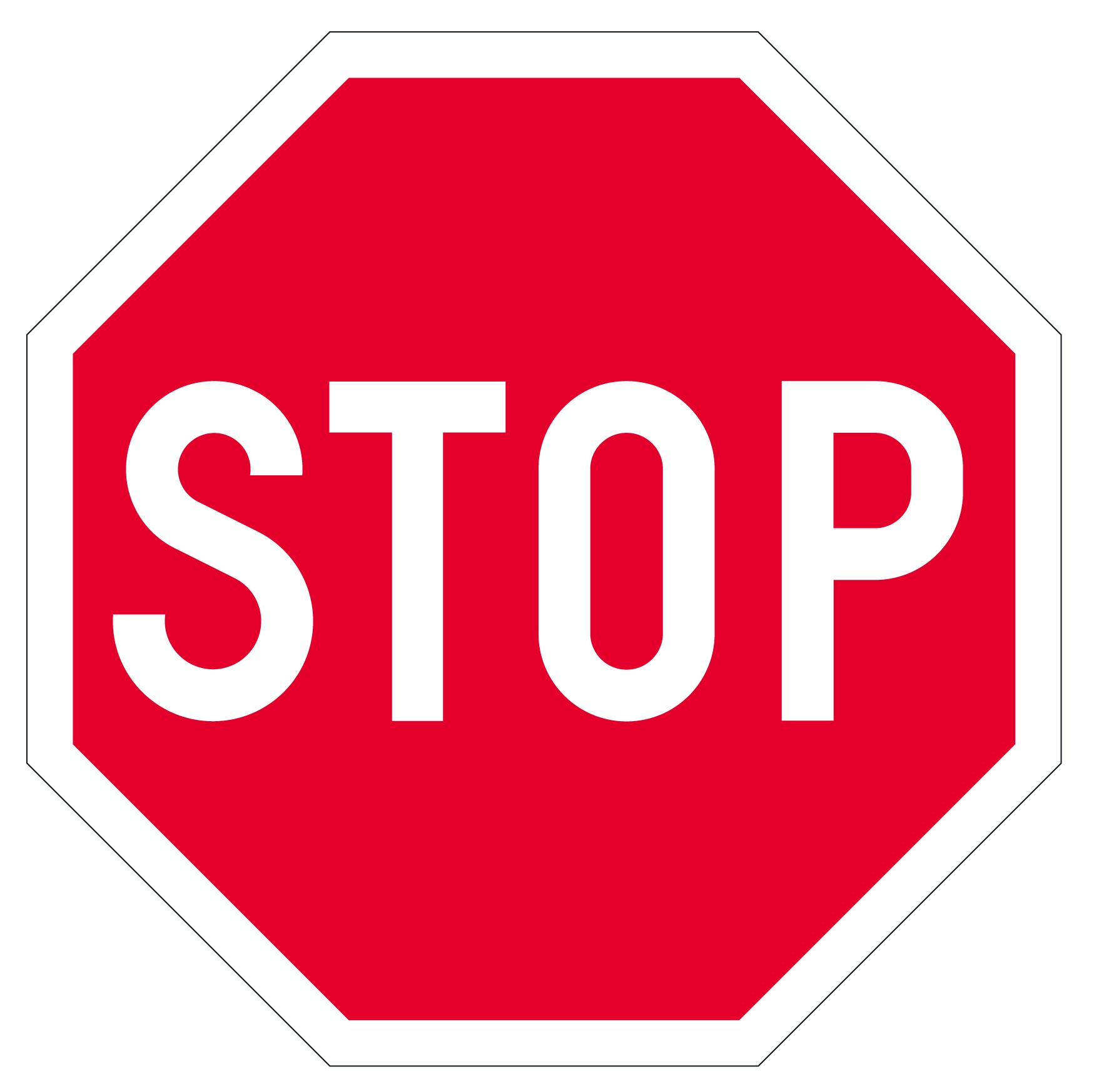 Kahdeksankulmainen merkki, jossa on punaisella pohjalla valkoisella teksti STOP. Merkkiä kiertää valkoinen reuna.