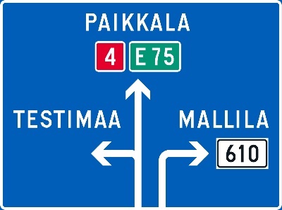 Neliö, jossa on sinisellä pohjalla kolme valkoista nuolta osoittamassa suuntaa esimerkkipaikkoihin.