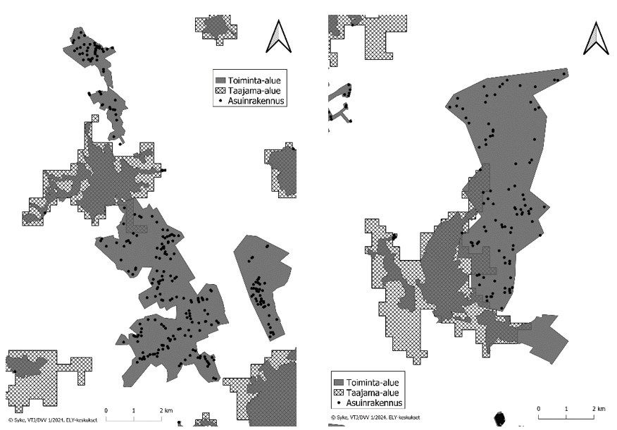 Karttakuvaesimerkki, jossa näkyy vesihuoltolaitokselle hyväksytyn toiminta-alueen rajat. Toiminta-aluetta on hyväksytty myös taajama-alueen ulkopuolelle.