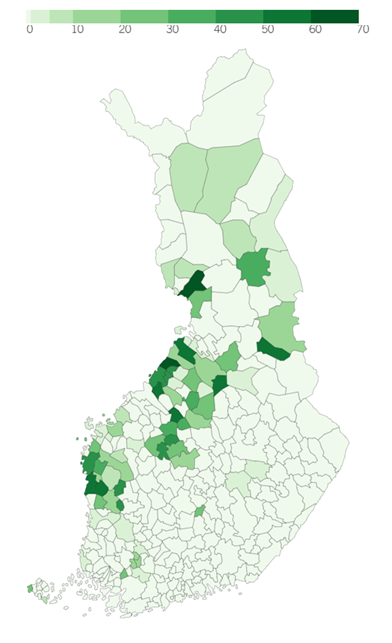 Kartasta ilmenee kuntajaon pohjalta tuuli- ja aurinkovoimaloiden prosentuaalinen osuus kunnan kiinteistöverotuloista. Suurimmat prosentuaaliset osuudet sijoittuvat pääosin Pohjanmaan maakuntiin.
