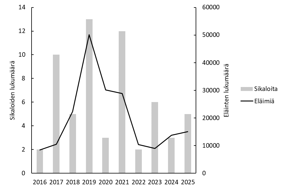 Diagrammi näyttää, että vuonna 2016 tartunnan saaneiden sikaloiden määrä oli 2. Sen jälkeen käyrä nousi jyrjästi ja määrä oli 13 vuonna 2019. Sen jälkeen määrät ovat laskeneet (5 vuonna 2025).