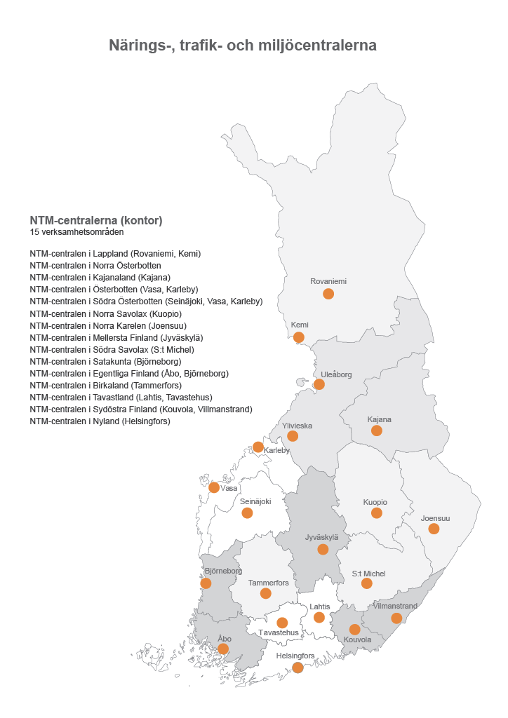 Kartan beskriver NTM-centralernas nuvarande områdesindelning och huvudsakliga verksamhetsställen samt verksamhetsställen. För närvarande finns det 15 NTM-centraler.