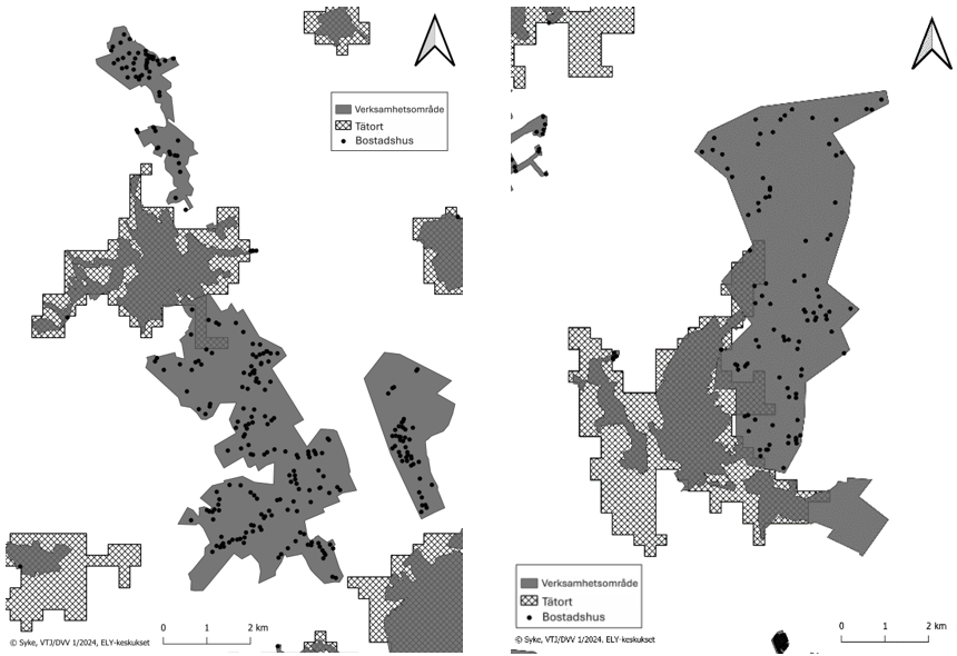 Ett exempel på en kartbild som visar gränserna för det verksamhetsområde som godkänts för ett vattentjänstverk. Verksamhetsområdet har godkänts också utanför tätortsområdet.
